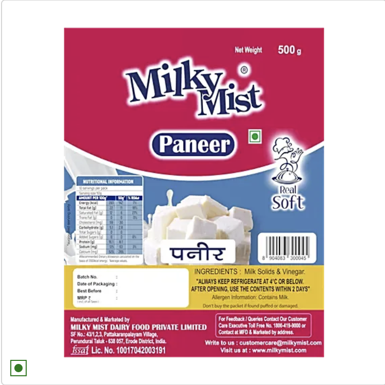 Milky Mist Paneer - Rich In Calcium, 500g Pouch