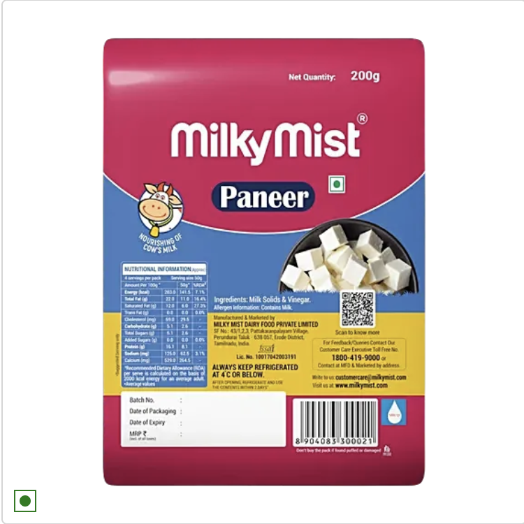 Milky Mist Paneer - Rich In Protein, Calcium, Excellent Taste, 200g Pouch