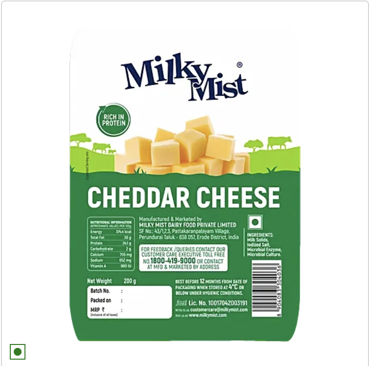 Milky Mist Cheddar Cheese - Rich In Protein & Calcium, Great For Gut Health, 200